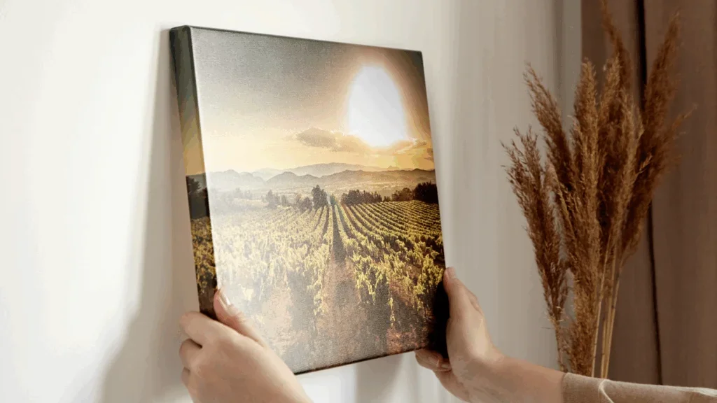 A person is putting a canvas print of a field on a wall.