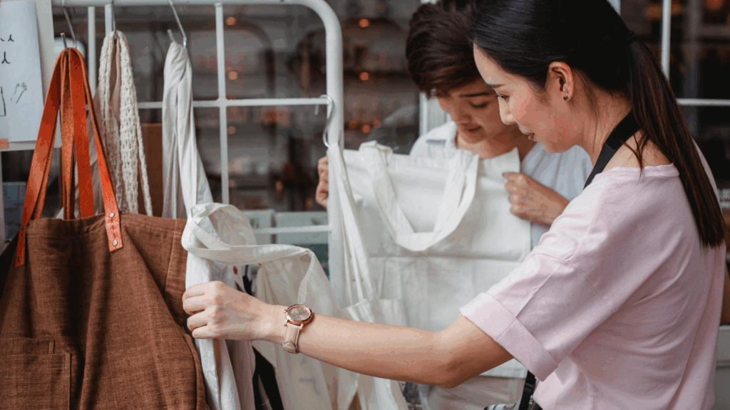 Two women browsing through clothing racks in a retail store, discussing their options.