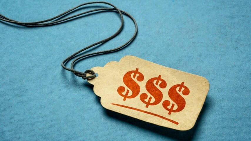 A price tag with three dollar signs.