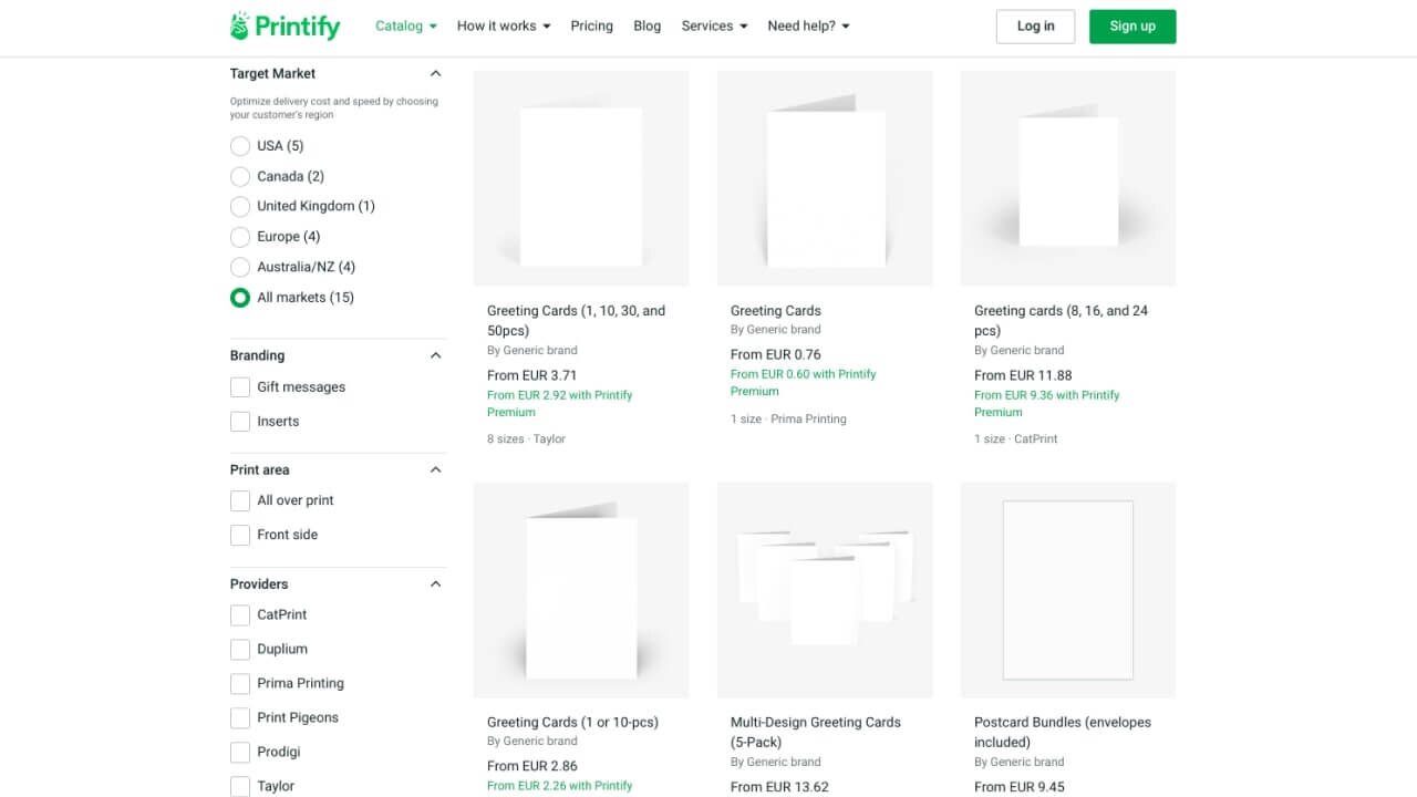 The greeting card section in Printify's Product Catalog.