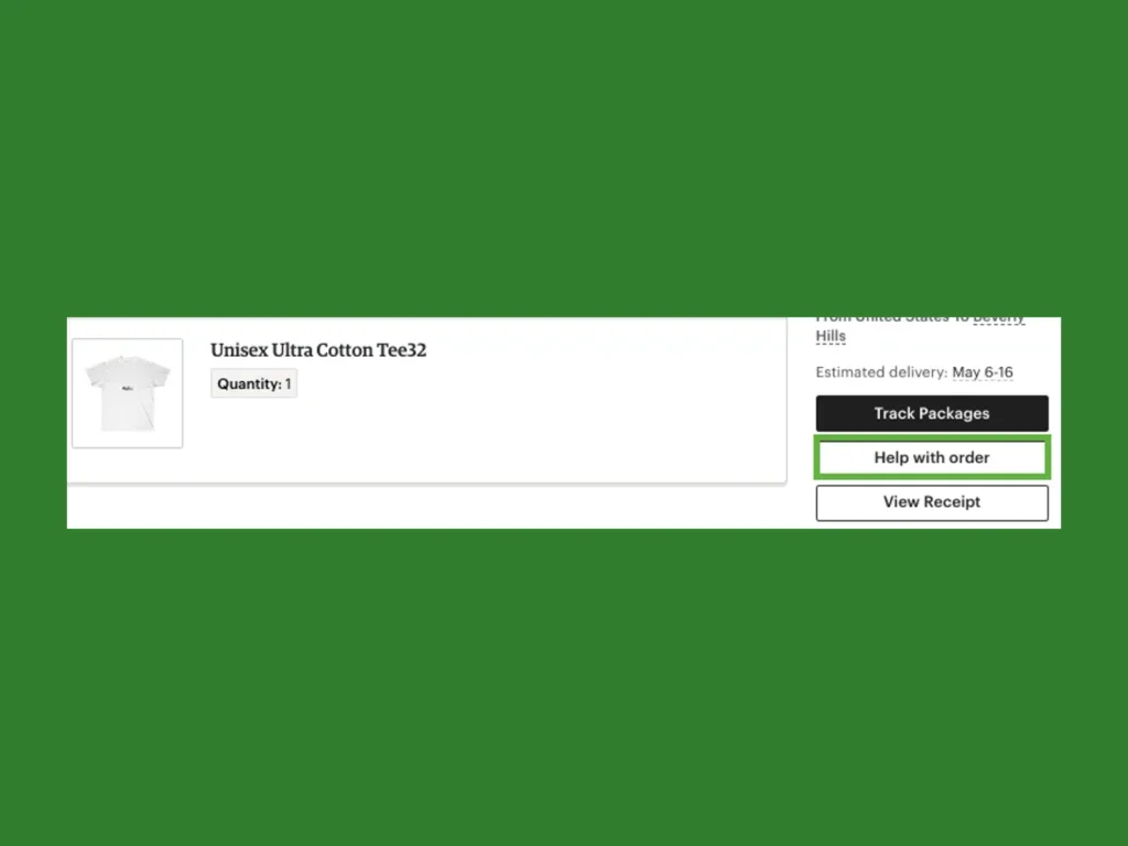 A screenshot mockup highlighting Etsy’s “Help with order” button on the purchase history page.