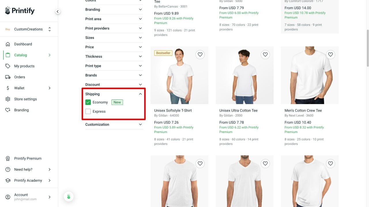 Left-hand menu Shipping filter with the “Economy” option selected.