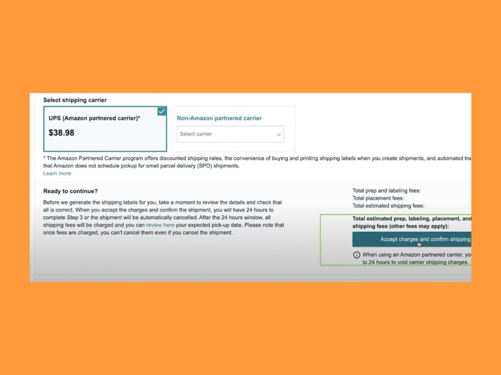 "Accept charges and confirm shipping" button highlighted.