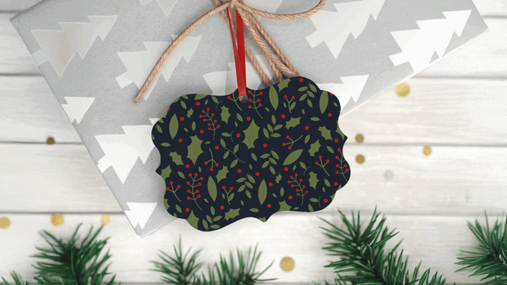Seasonal ornament with a Christmas-themed print.