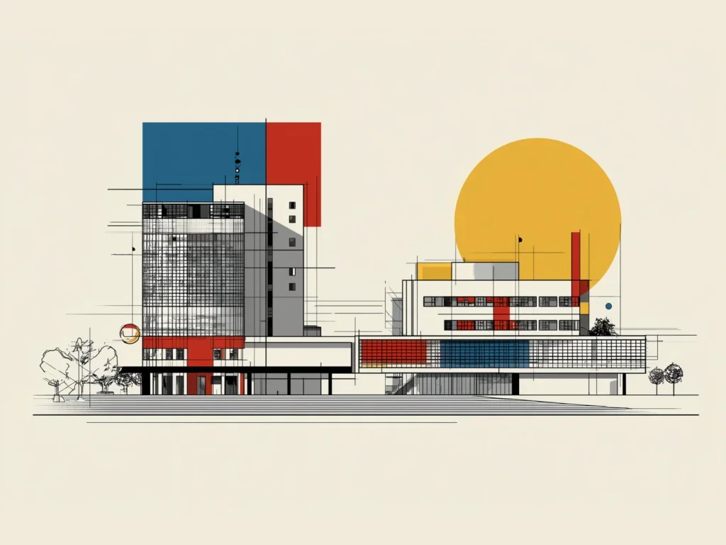 A drawing of a building with a bright sun shining in the background, creating a warm and inviting atmosphere.