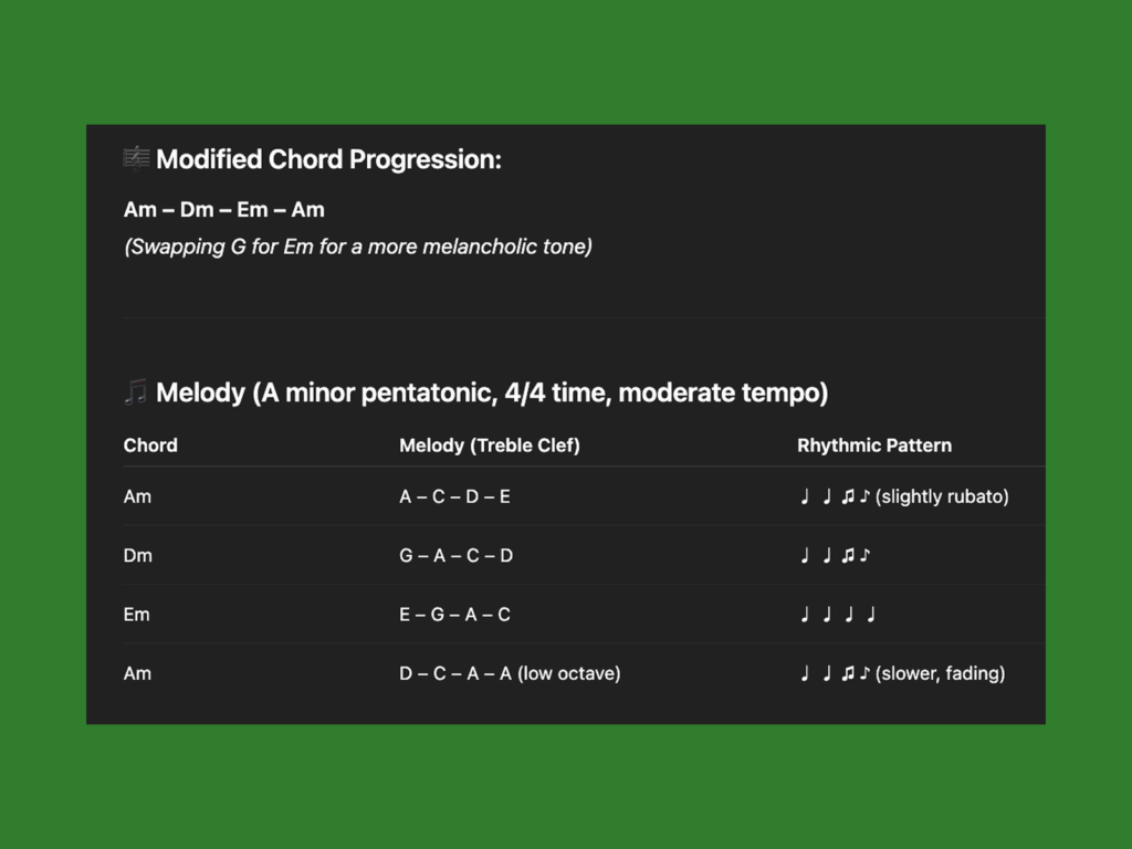 Folk melody chords generated with ChatGPT prompts screenshot mockup.