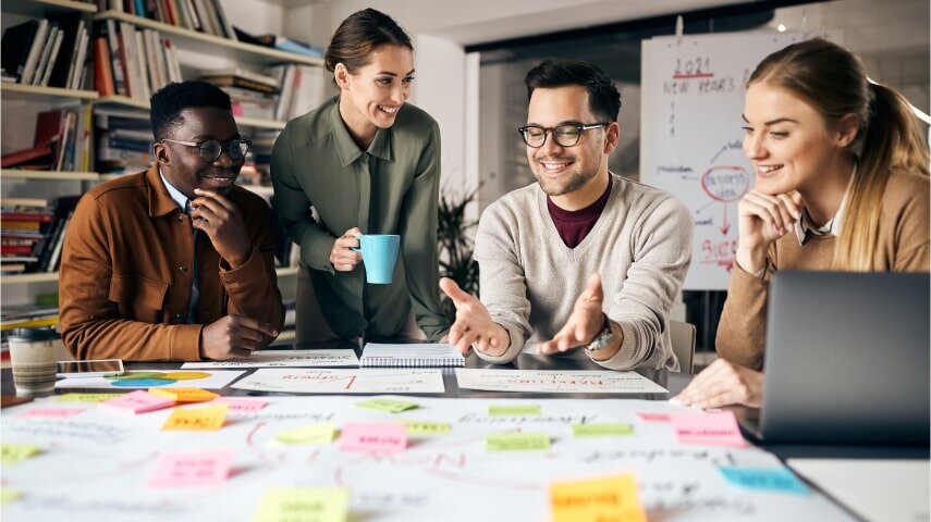 A group of people discussing marketing strategies.