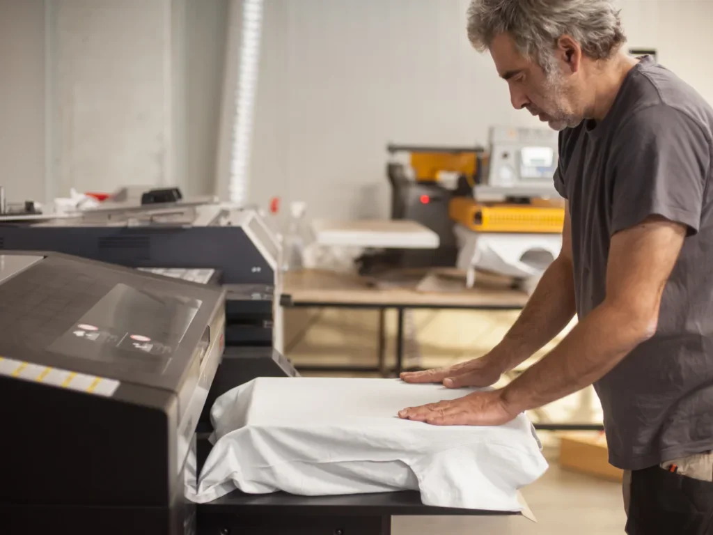A man uses a direct-to-garment printer to create a custom design on a t-shirt.