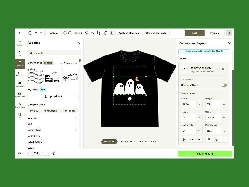 The Printify Product Creator with a three-ghost and crescent moon design placed on a black T-shirt, alongside text tools and layer position and size settings.