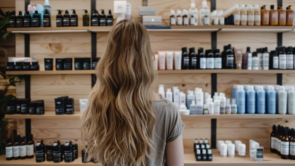 A woman with long hair stands in front of shelves filled with various beauty products, showcasing a vibrant retail environment.
