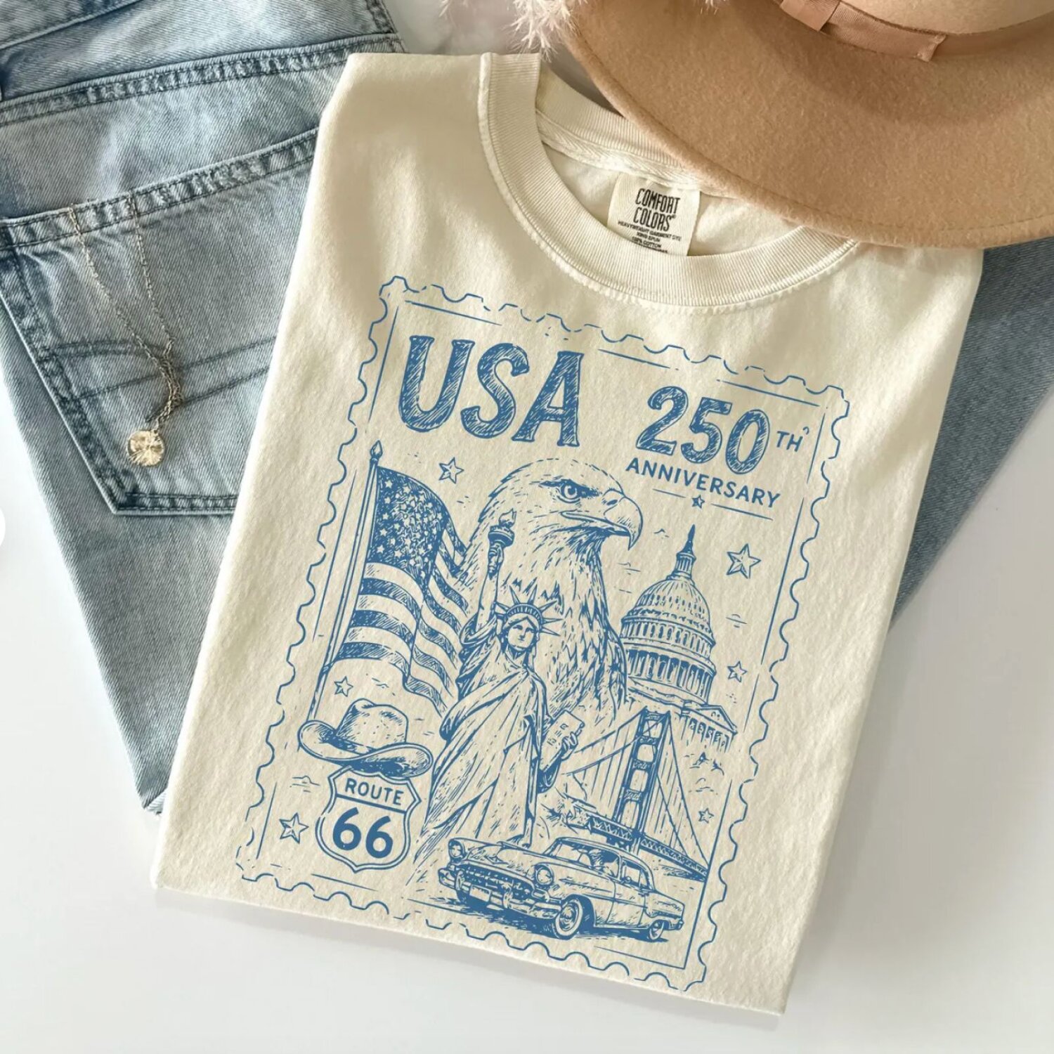 A woman wearing a white 4th of July t-shirt  with a patriotic design