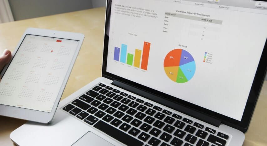 Marketing data on a laptop screen.