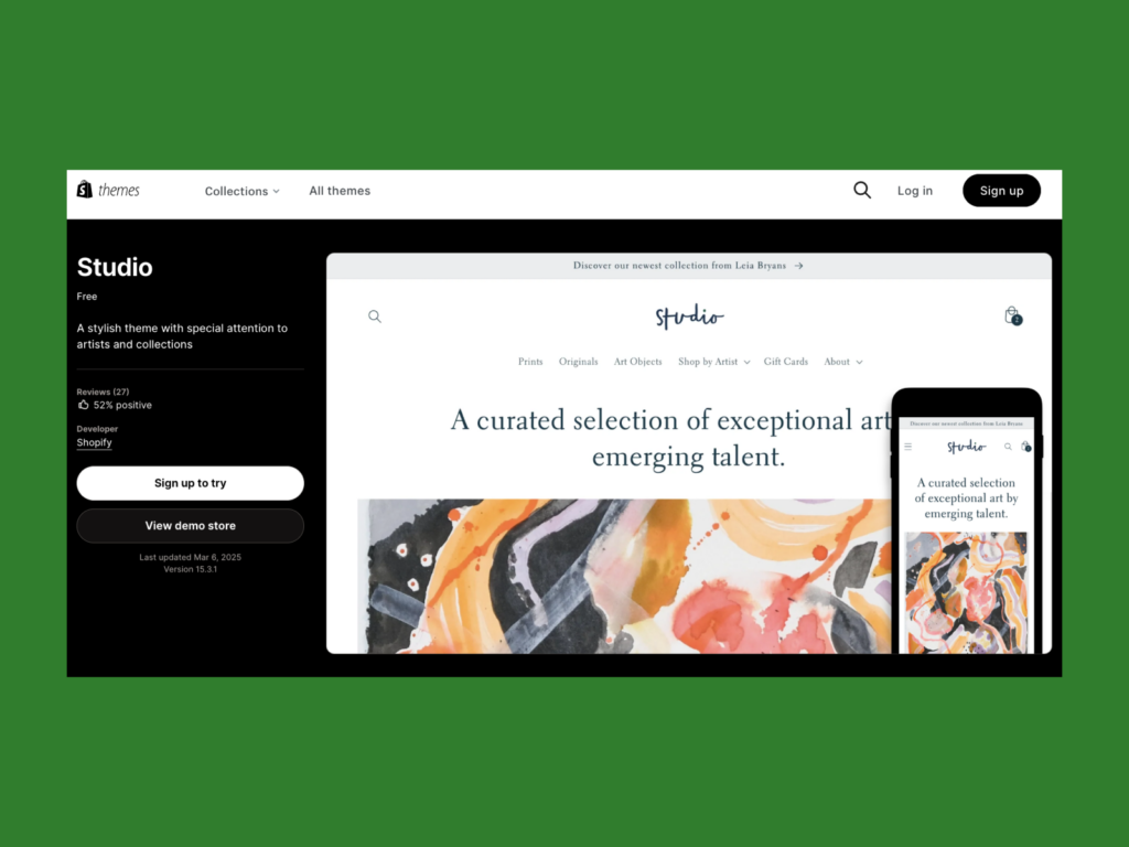A screenshot of the Studio theme landing page.