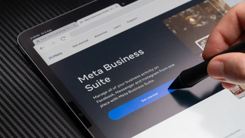 A tablet with the Meta Business Suite page on the screen.