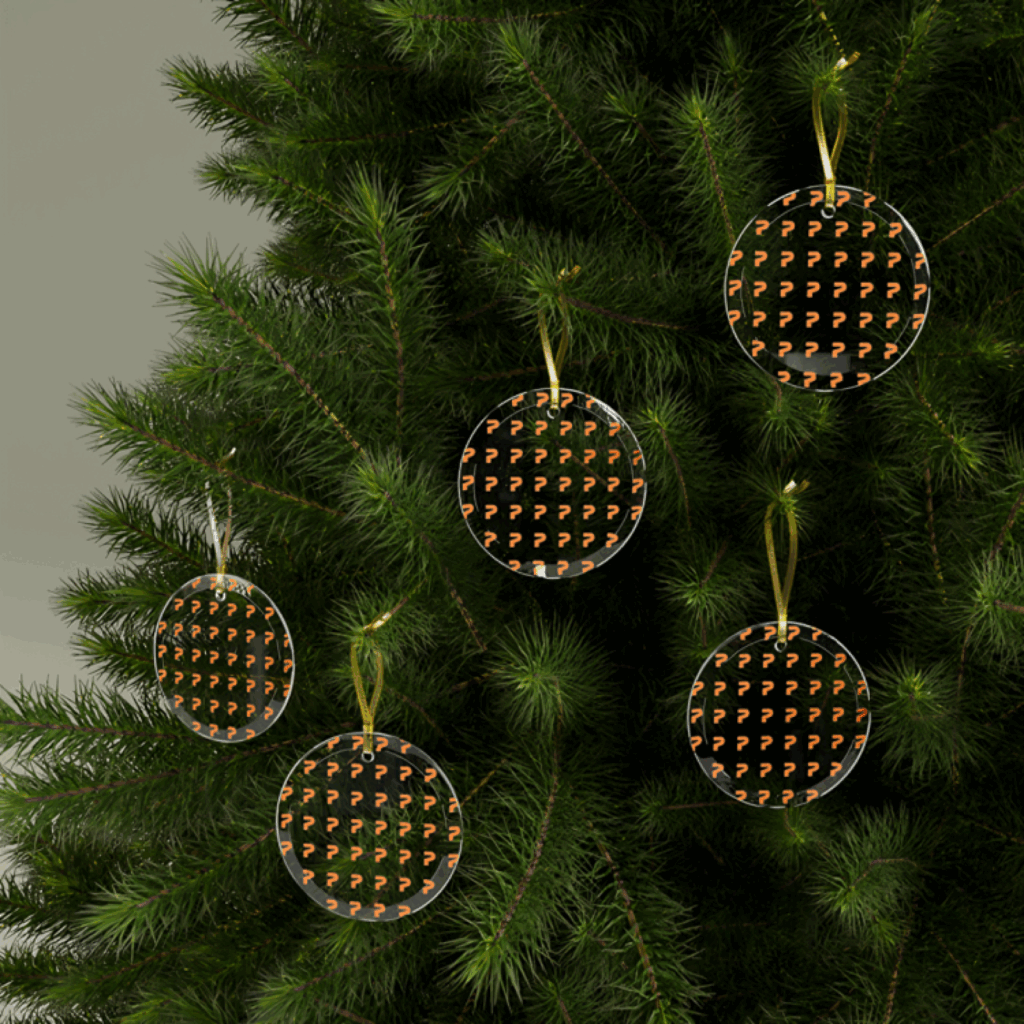 Glass Christmas ornaments with a logo print.
