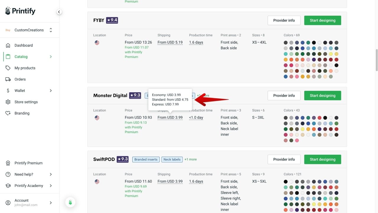 Print Provider list for a product showing all delivery options when one hovers over the shipping starting price.
