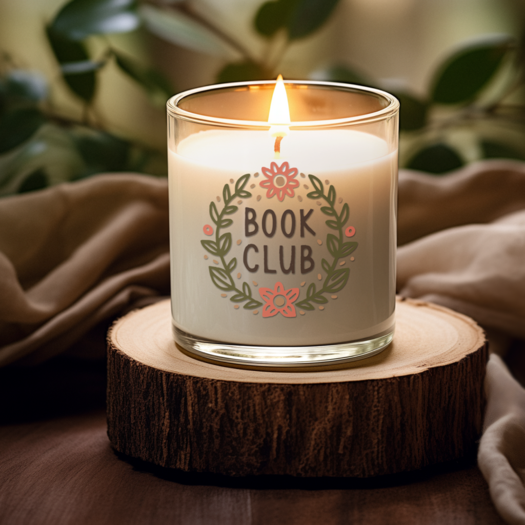 A candle in a glass with a custom “Book club” print.