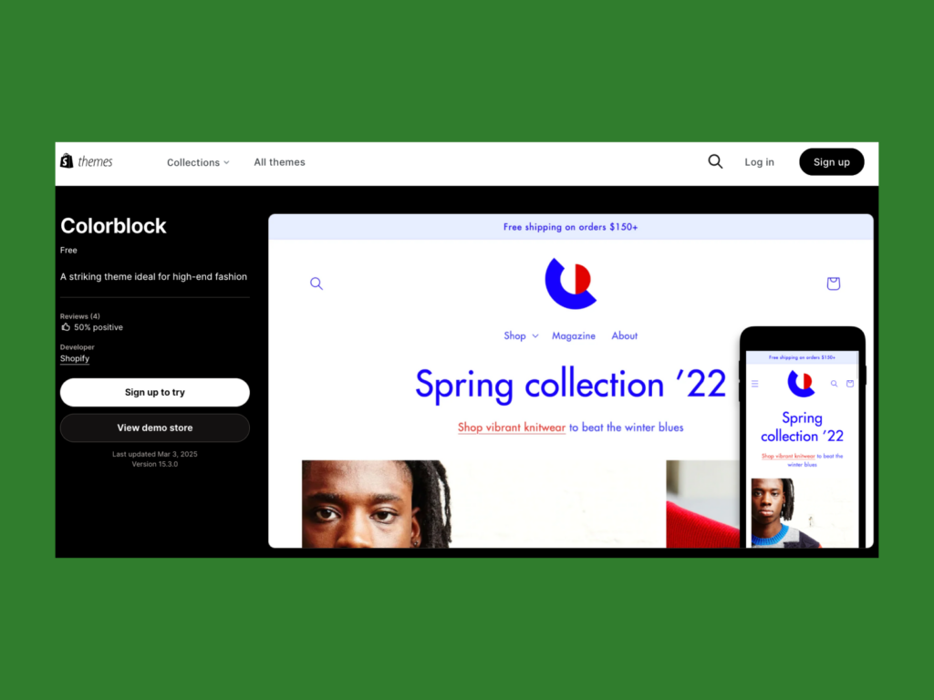 A screenshot of the Colorblock theme landing page.