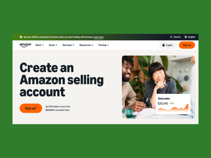 A screenshot of the Amazon Seller Central landing page