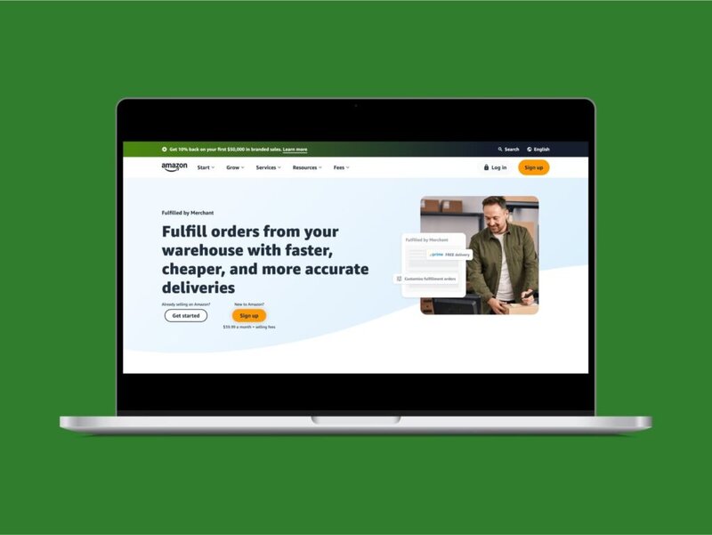 Amazon’s Fulfillment by Merchant (FBM) homepage hero section screenshot.