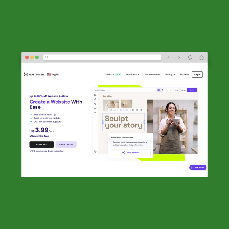 A screenshot mockup of Hostinger’s Website Builder homepage hero section.