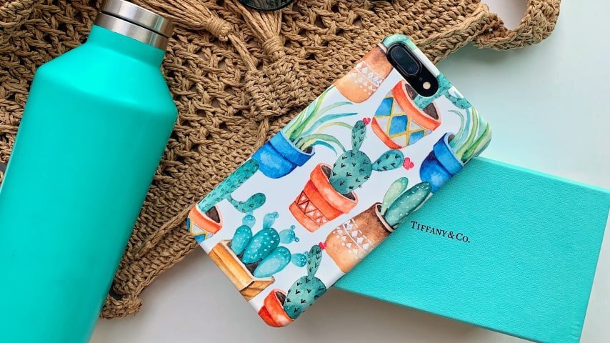 A colorful phone case with a design of potted succulent plants placed among other items such as a turquoise box and a water bottle.
