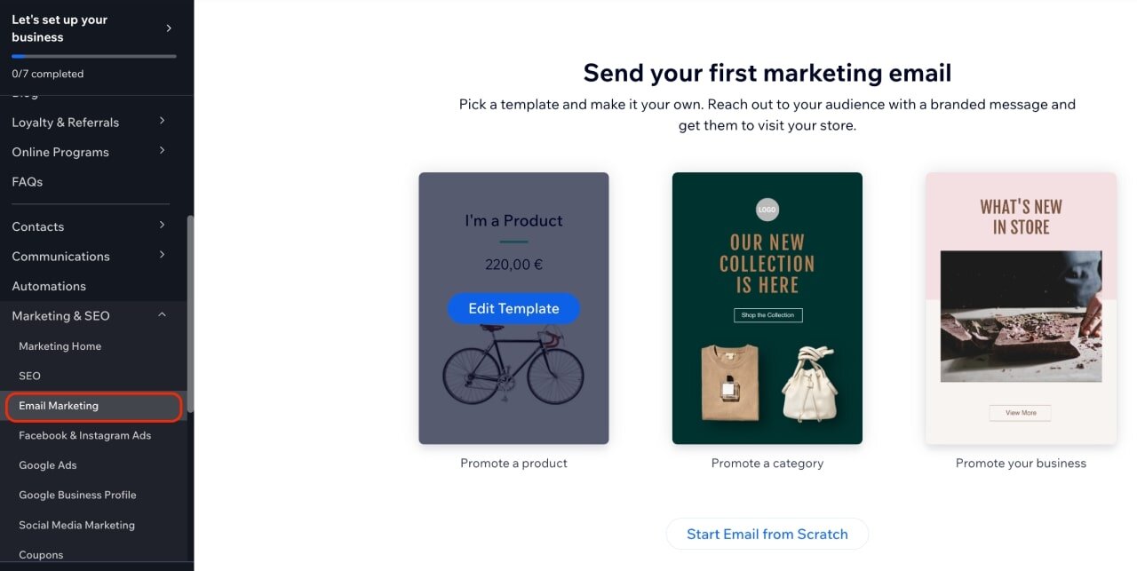 The Wix email marketing dashboard when sending the first email campaign. 