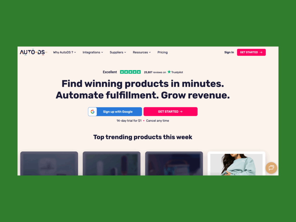 A screenshot of AutoDS landing page.