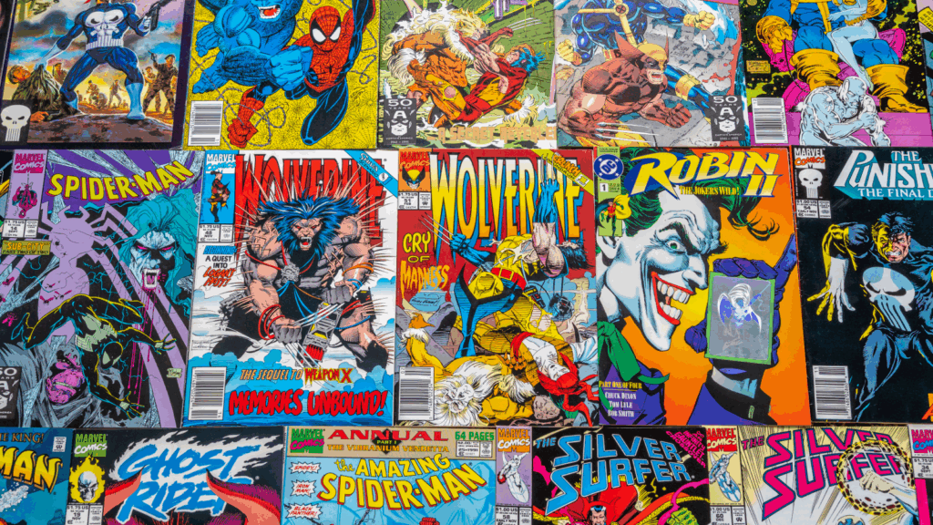 A display of various comic books arranged neatly on a shelf, showcasing colorful covers and diverse genres.