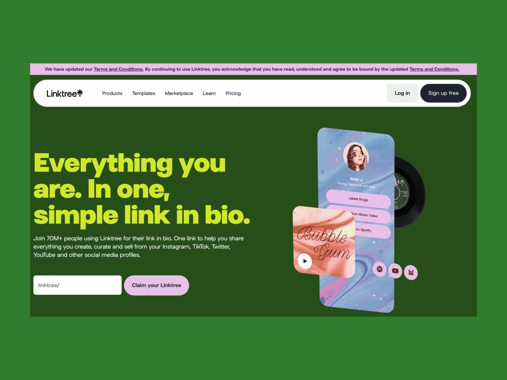 Linktree’s homepage hero section screenshot mockup as an example of a top saas company.