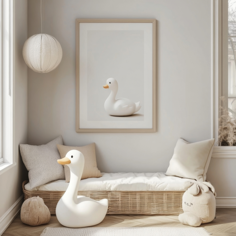 Posters: A white duck poster on the wall, representing a cute and cozy children's bedroom interior.