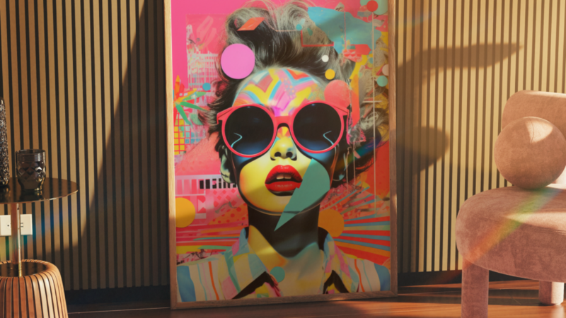 A vibrant pop art portrait of a woman with oversized sunglasses, featuring bold colors and abstract shapes, displayed in a stylish interior setting.