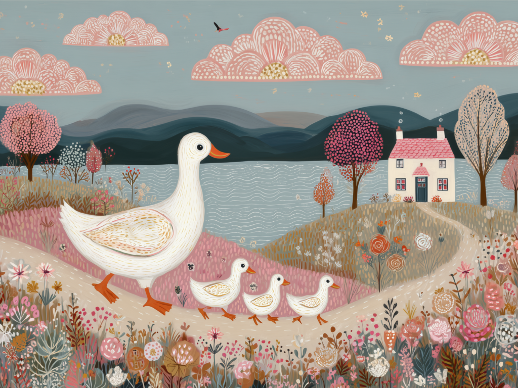 A painting depicting a mother duck with her two ducklings swimming together in a serene pond setting.
