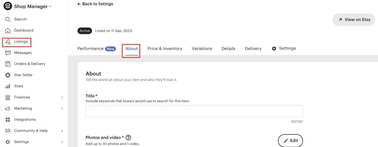About section of Listings page on Etsy.