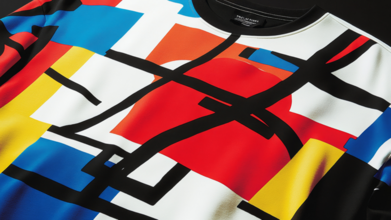 A vibrant custom all-over-print t-shirt featuring a colorful abstract design.