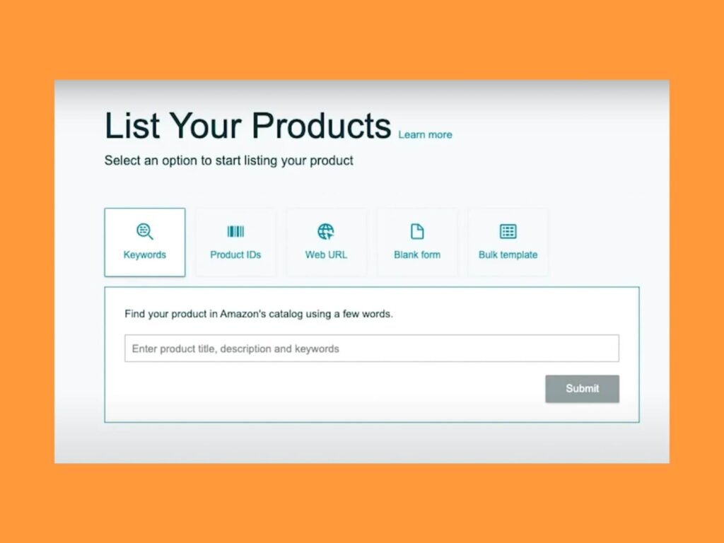 "List your products" section where one can look up keywords in Amazon's catalog.