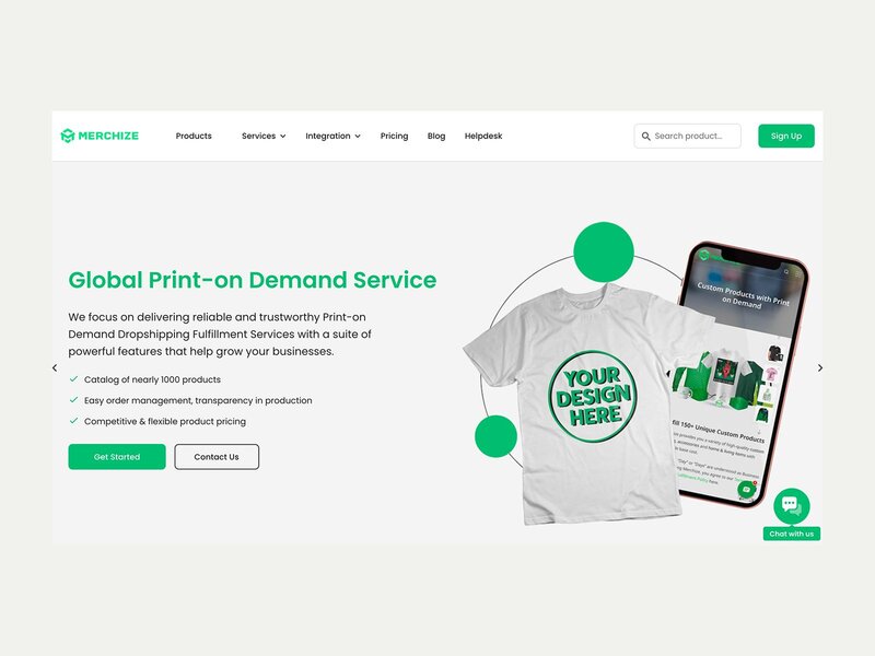 Merchize homepage hero section screenshot mockup.