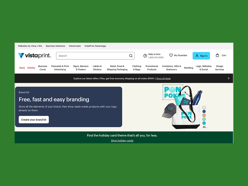 VistaPrint homepage promoting branded tote bags, caps, and bottles.