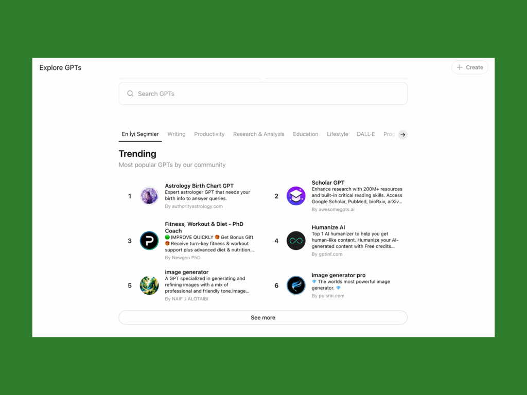 A screenshot mockup with trending GPT’s made using ChatGPT.