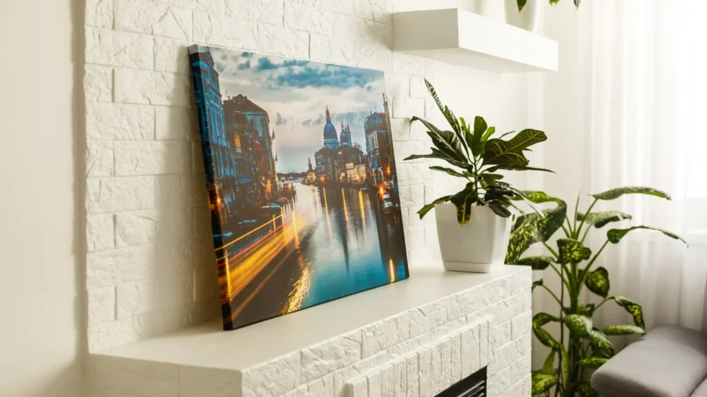 A framed picture of a cityscape elegantly displayed on a wall, showcasing urban architecture and vibrant colors.