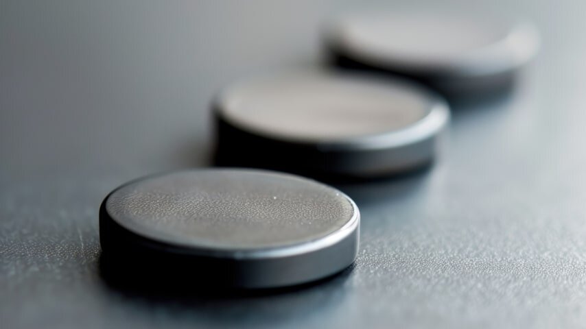 Three plain gray magnets placed in a row.
