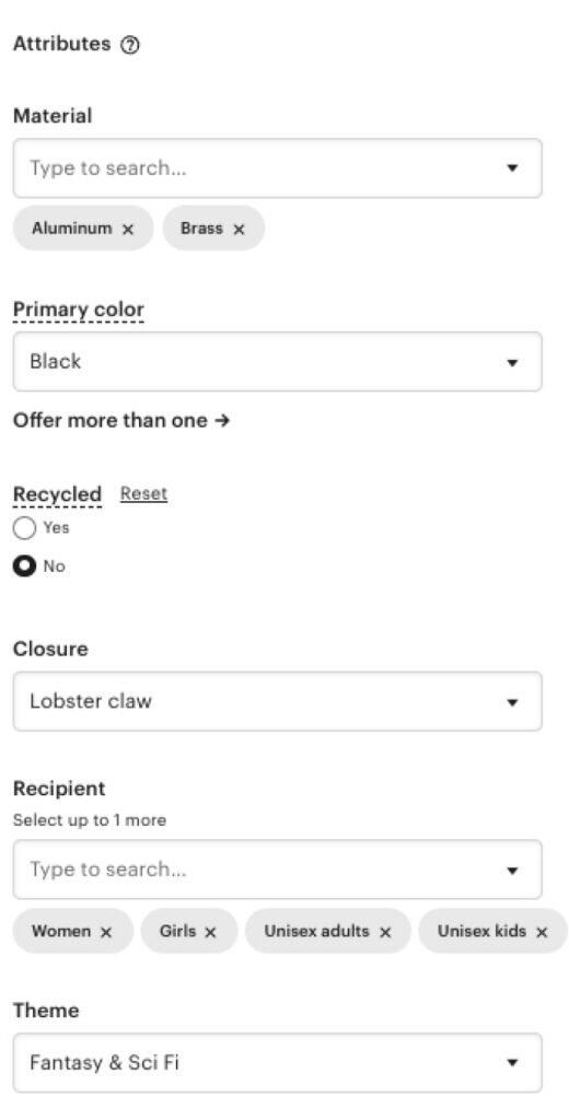 Example of product attribute setup – material, primary color, and more.