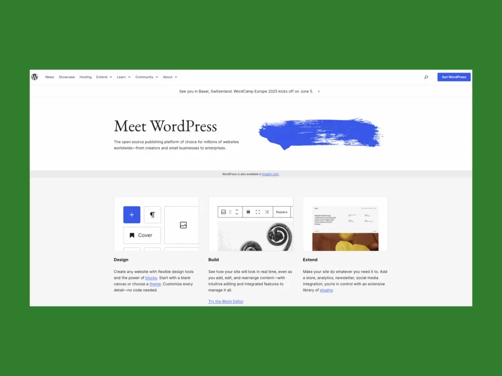 A screenshot of the WordPress landing page.