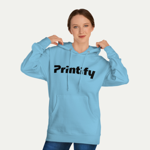 A mockup of a hoodie from the Printify catalog showing the center chest logo placement.