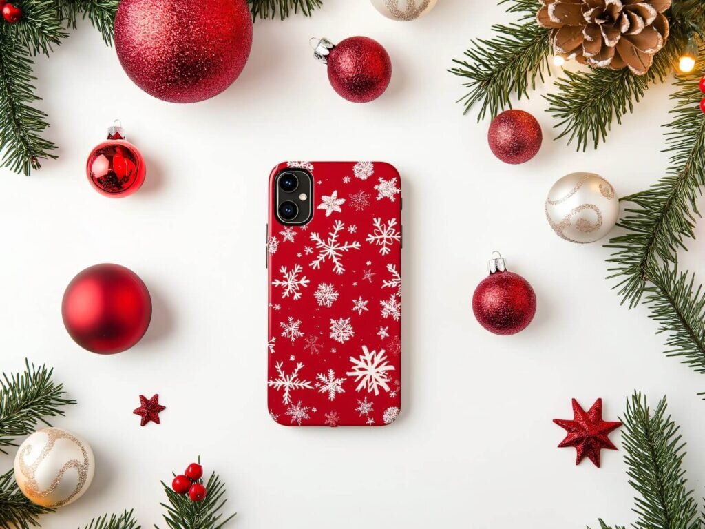A phone with a Christmas-themed patterned phone case.