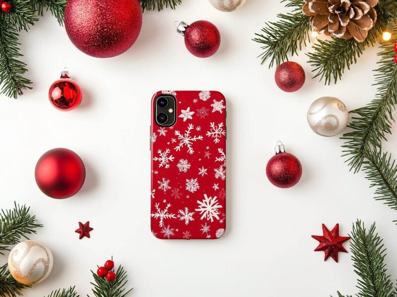 A phone with a Christmas-themed patterned phone case.