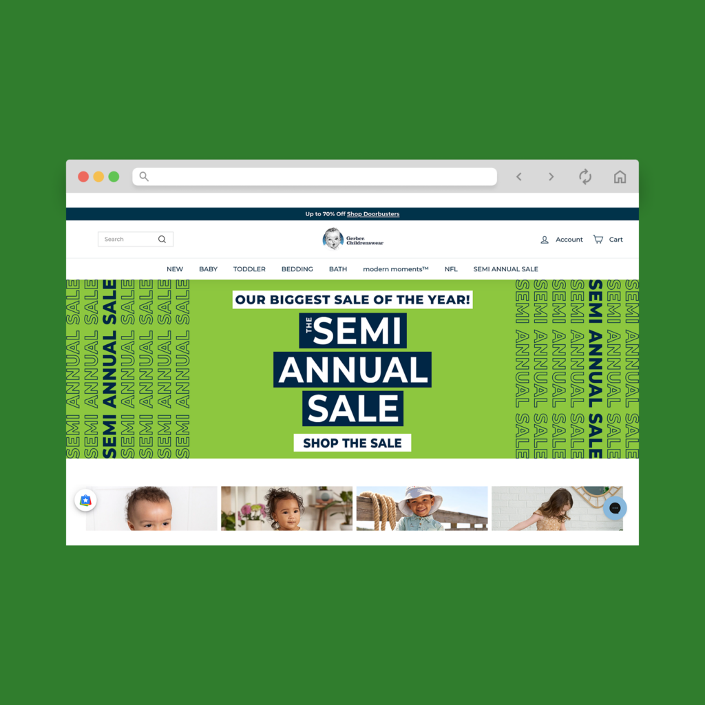 Gerber Childrenswear homepage hero section screenshot mockup as a Shopify clothing store example.