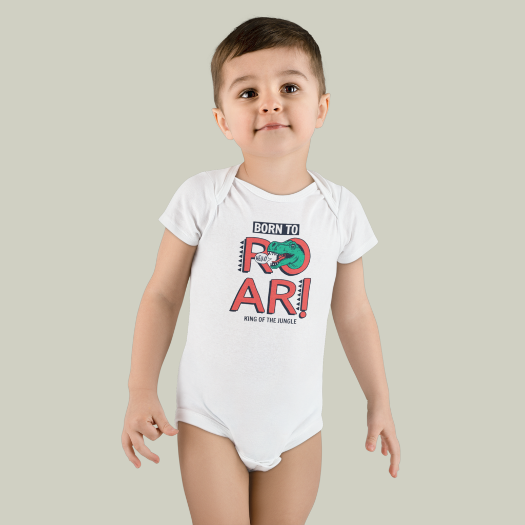 A child wearing a white organic baby jumpsuit made with print-on-demand.