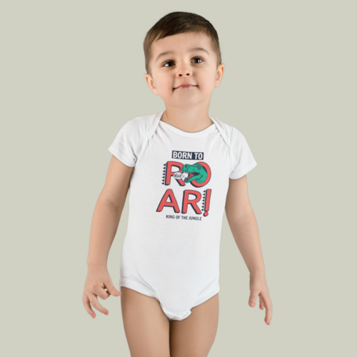 A child wearing a white organic baby jumpsuit made with print-on-demand.