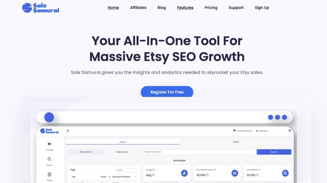 Sale Samurai homepage with the tagline: “Your all-in-one tool for massive Etsy SEO growth.”